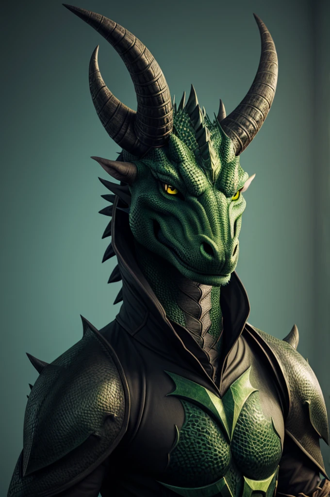 Anthropomorphic Dragon, furry art, green eyes, Two gray horns on the head, simple background