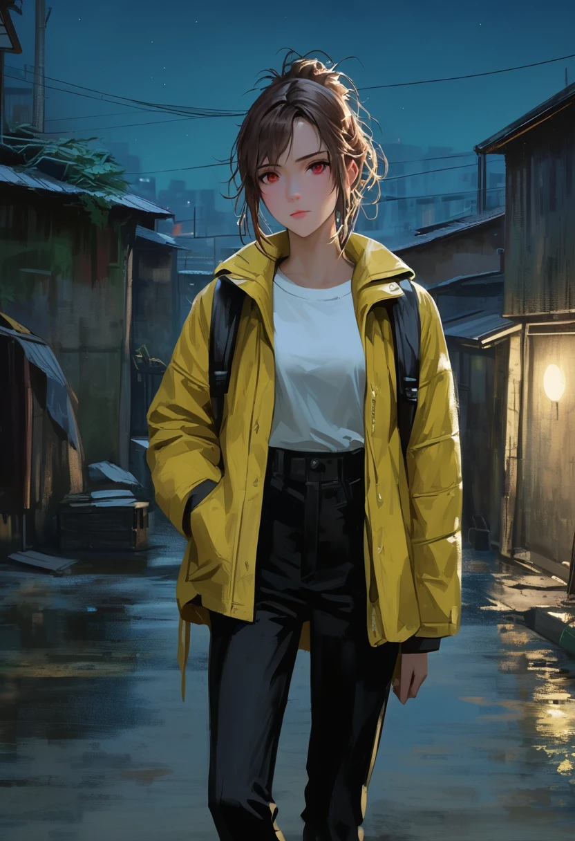 ((adult)), (woman), ((tall)), masterpiece, best quality, dark aura, brown hair, ((updo hair)), (messy hair) ,dark red eyes, plain white shirt, Yellow coat, black pants, carring a waist backpack, (faint smile), realistic anime style, (oil painting), slums background, night, impasto.