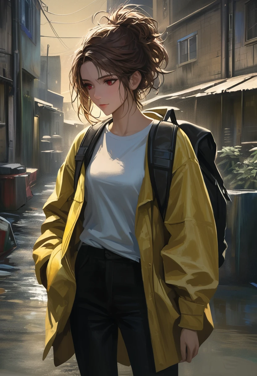 ((adult)), (woman), ((tall)), masterpiece, best quality, dark aura, brown hair, ((updo hair)), (messy hair) ,dark red eyes, plain white shirt, Yellow coat, black pants, carring a waist backpack, (faint smile), realistic anime style, (oil painting), slums background, night, impasto.