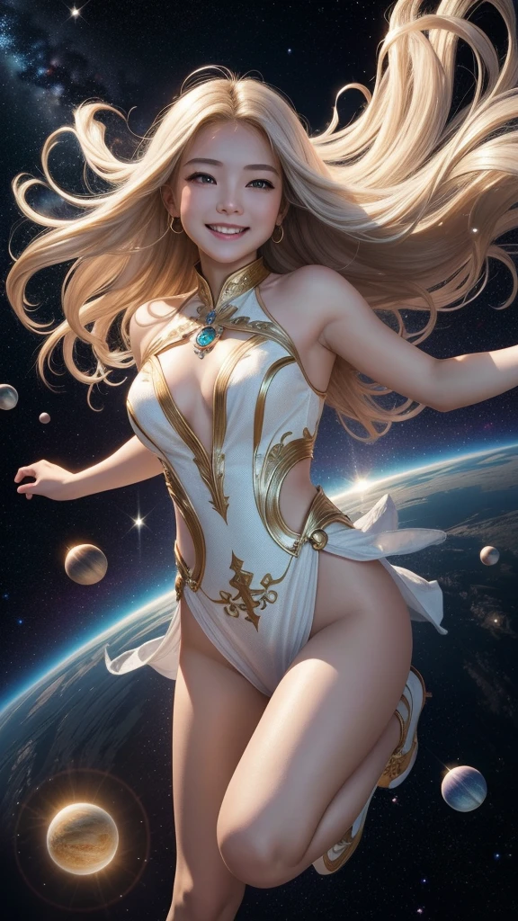 (masterpiece、Highest quality、High resolution、Best lighting、8K)、The Goddess is sailing through space. The energy of the universe lights her way, Her beauty makes everything around her brighter.. The whole galaxy and universe is around her. She is wearing beautiful embroidered fabrics, Her chest is adorned with rich and beautiful jewels.、Expressing joy with the whole body while floating,Her hair is a beautiful, shiny silver blonde.、Running through space like a beautiful high jumper、She is smiling happily、Even small subjects are captured beautifully and accurately、(Depth of field is shallow)、