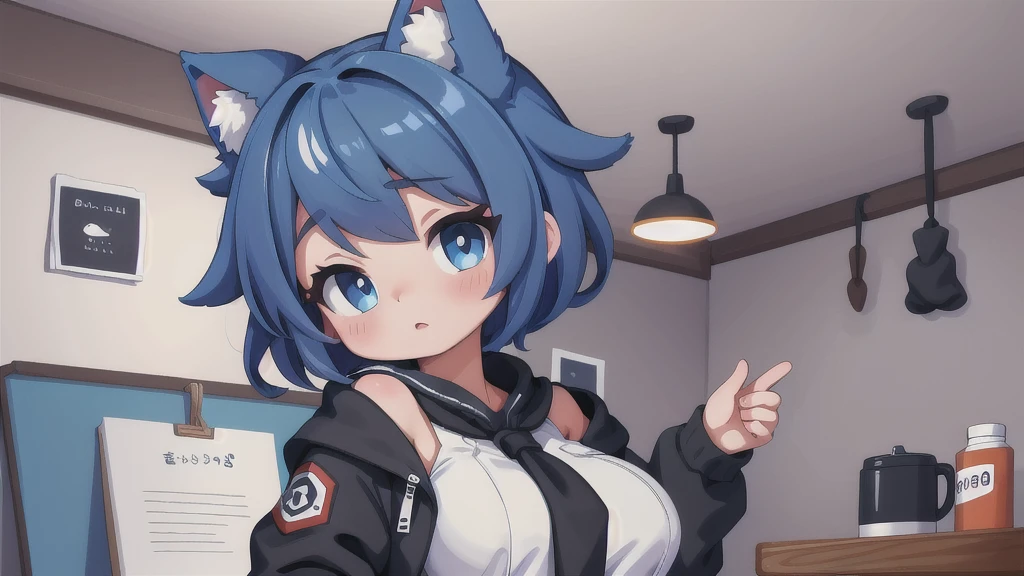 masterpiece:1.2, high quality, 最high quality, be familiar with_background,indoors,High resolution,there is nothing (solution 1988),black Jacket,Upper body,open clothes,disorganized,blue eyes,open Jacket,gradient background,looking at the viewer,play sports often,1 girl,short hair,bare shoulders,alone,animal ears,blue hair,Jacket,crop top,off shoulder,head tilt,Cat ear,big breast