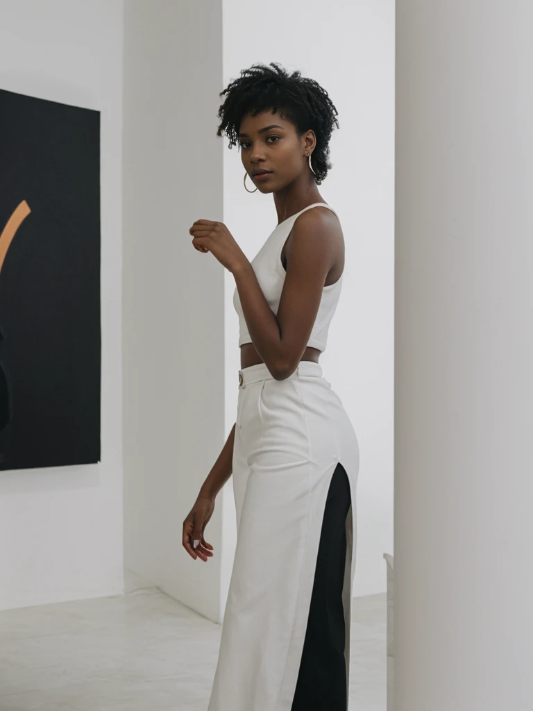 her name is Jamila, high quality, 1girl, ((20-year-old fit black woman)), ((25 years old)), ((slim)), short bob, pose: standing, wearing stylish fashionable Generation-Z modern wear different colored, BACKGROUND: Amongst stark white walls adorned with avant-garde paintings and sculptures, a curator discusses the conceptual depths of a controversial installation, sparking debates among viewers.
