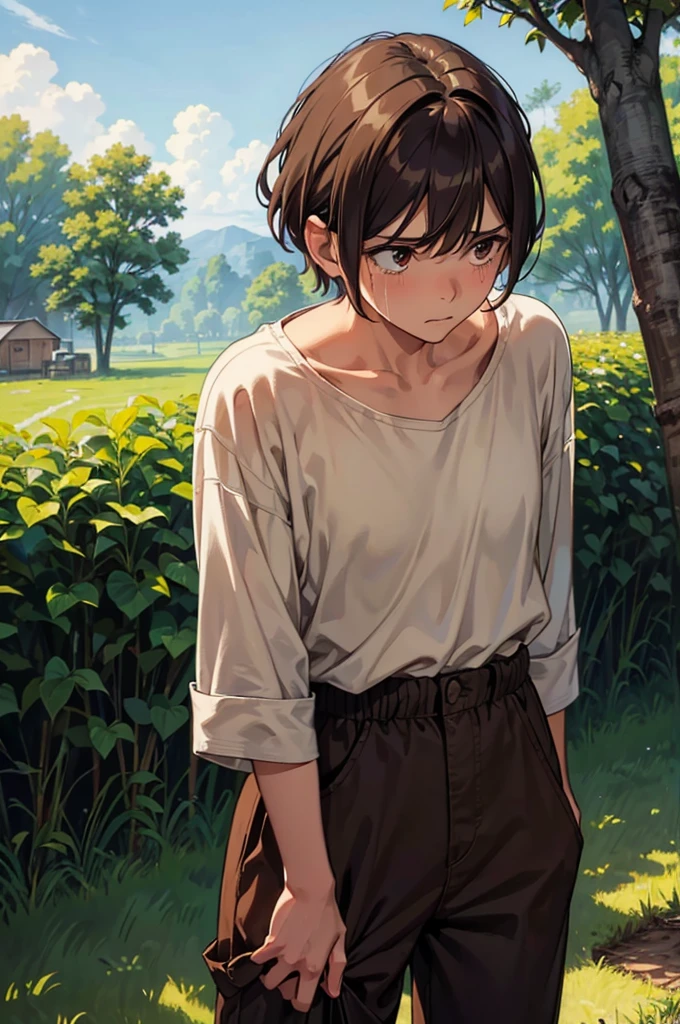 An image of the other neighbor, with a worried expression, short brown hair, wearing plain farming clothes (a loose shirt and pants), standing and crying out, begging to spare the tree and share its bounty, with a distressed and pleading expression. (masterpiece, hd, best quality, 2d)