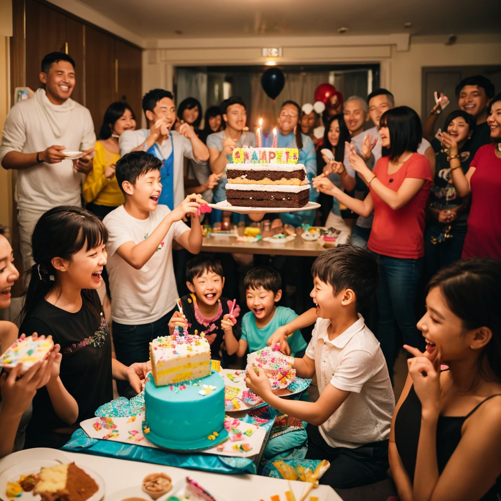 Many adults and children celebrated birthdays in the room. Birthday cake