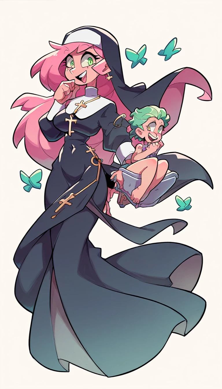 a beautiful intelligent nun girl long wavy pink hair her green eye she dresses nun long dress and a long black skirt she shows she recreates junk device a robotic side people applaud thank her,tétons,bikini