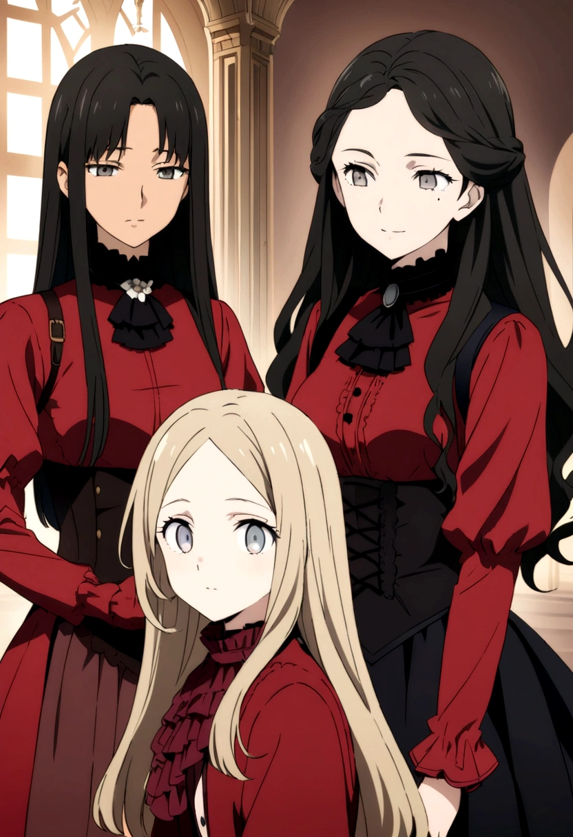 Victorian era in Europe, Women, perfect anime illustration, beautiful, happy, elegante y amable Women, light brown skin, sincere eyes, grey eyes, long hair, straight hair, black hair, He does not have bangs or they do not cover his forehead, wears red Victorian clothing, does not show skin, mole on one side of the eye, Best Quality, Masterpiece