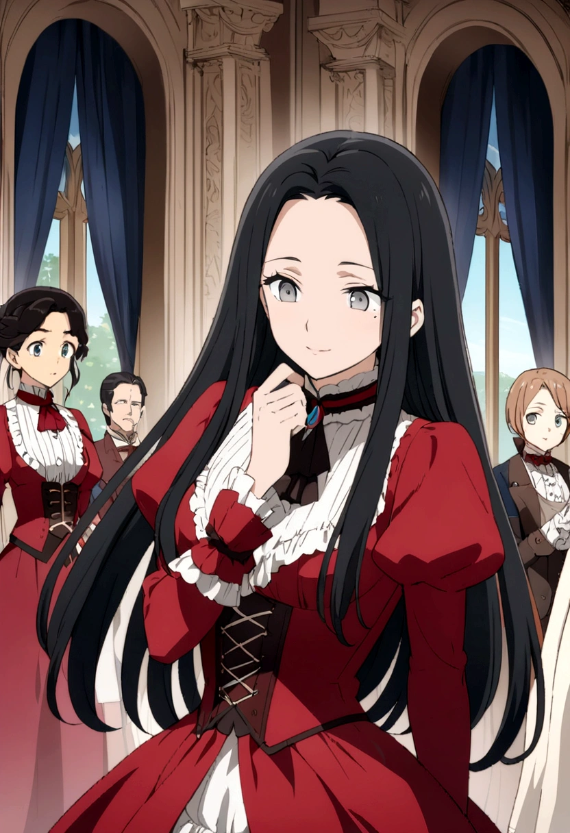 Victorian era in Europe, Women, perfect anime illustration, beautiful, happy, elegante y amable Women, light brown skin, sincere eyes, grey eyes, long hair, straight hair, black hair, He does not have bangs or they do not cover his forehead, wears red Victorian clothing, does not show skin, mole on one side of the eye, Best Quality, Masterpiece