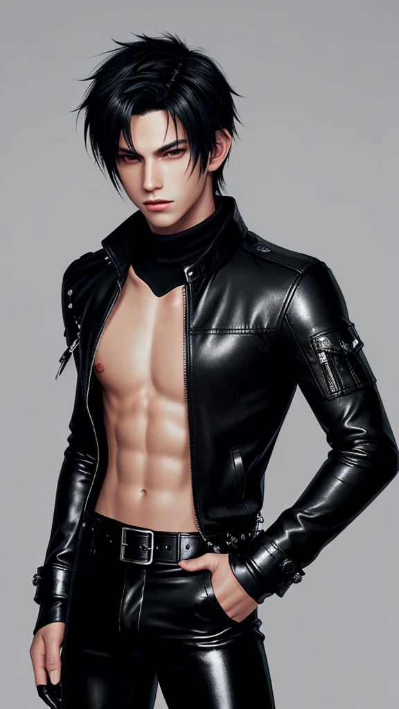 Final fantasy taste and reality graphics, Japanese young cute and cool ikemen boy, his age is early 20s, thin eyebrows and beady eyes, he wearing off black color leather thick singlebrest biker jacket, with epaulet, must close the front of the leather jacket, jacket is biker style, jacket is voluminous, , jacket collar is high length stand-up collar with belts, jacket is a little black line pattern,close the front of the jacket, also wearing black thick turtleneck lackluster shirts, tight black leather pants, shiny black leather tight and thin glove, black leather knee-high raceup boots,must views head-to-toe,must views whole body, boy looks like fashion model,Do not show skin from the neck down,leather jacket leather glove and leather pants have few wrinkles,boy in the room,