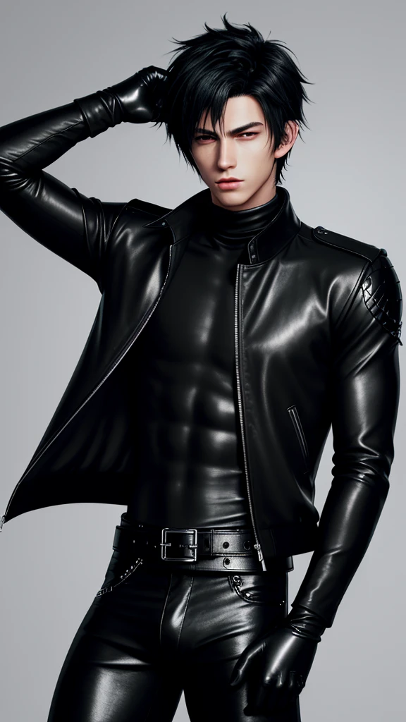 Final fantasy taste and reality graphics, Japanese young cute and cool ikemen boy, his age is early 20s, thin eyebrows and beady eyes, he wearing off black color leather thick singlebrest biker jacket, with epaulet, must close the front of the leather jacket, jacket is biker style, jacket is voluminous, , jacket collar is high length stand-up collar with belts, jacket is a little black line pattern,close the front of the jacket, also wearing black thick turtleneck lackluster shirts, tight black leather pants, shiny black leather tight and thin glove, black leather knee-high raceup boots,must views head-to-toe,must views whole body, boy looks like fashion model,Do not show skin from the neck down,leather jacket leather glove and leather pants have few wrinkles,boy in the room,