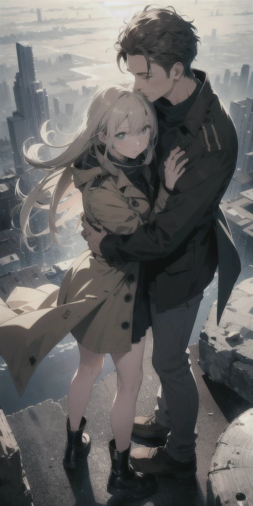 ridiculous resolution, high resolution, (masterpiece:1.4), super detailed, guy in trench coat, hugging a girl, , seen from above, space, floating over earth, --v 6