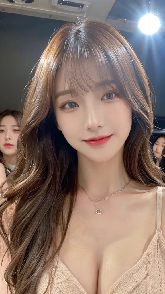 (The best product,High resolution,masterpiece:1.3),A sexy and beautiful Japan,slim body,((Center parted bangs,Brown hair,Fluffy wavy style))、Beautiful and smooth vary big breasts、Show cleavage,wearing a pendant,(The background is on the bed ),Delicate sunlight,Details on faces and skin textures are beautifully rendered,Delicate and sexy eyes,double eyelids、Sexy lips biting、facing the audience、Sexy expression、Sexy relaxed forward position、a pendant,wearing a suit、Smile、delicate eyes、havy sexy makeup 、Gray pupil