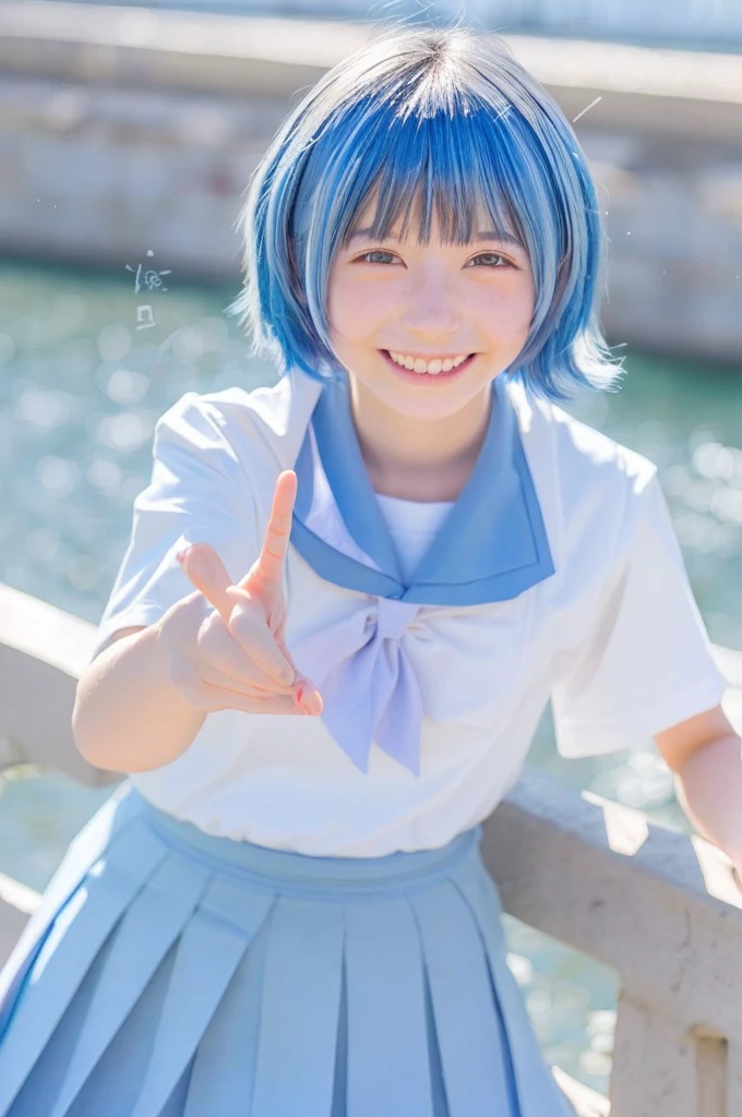 Japanese、middle School girls、14 years old、Sailor Mercury、Cosplay、short hair、Light blue hair、smile、pose
