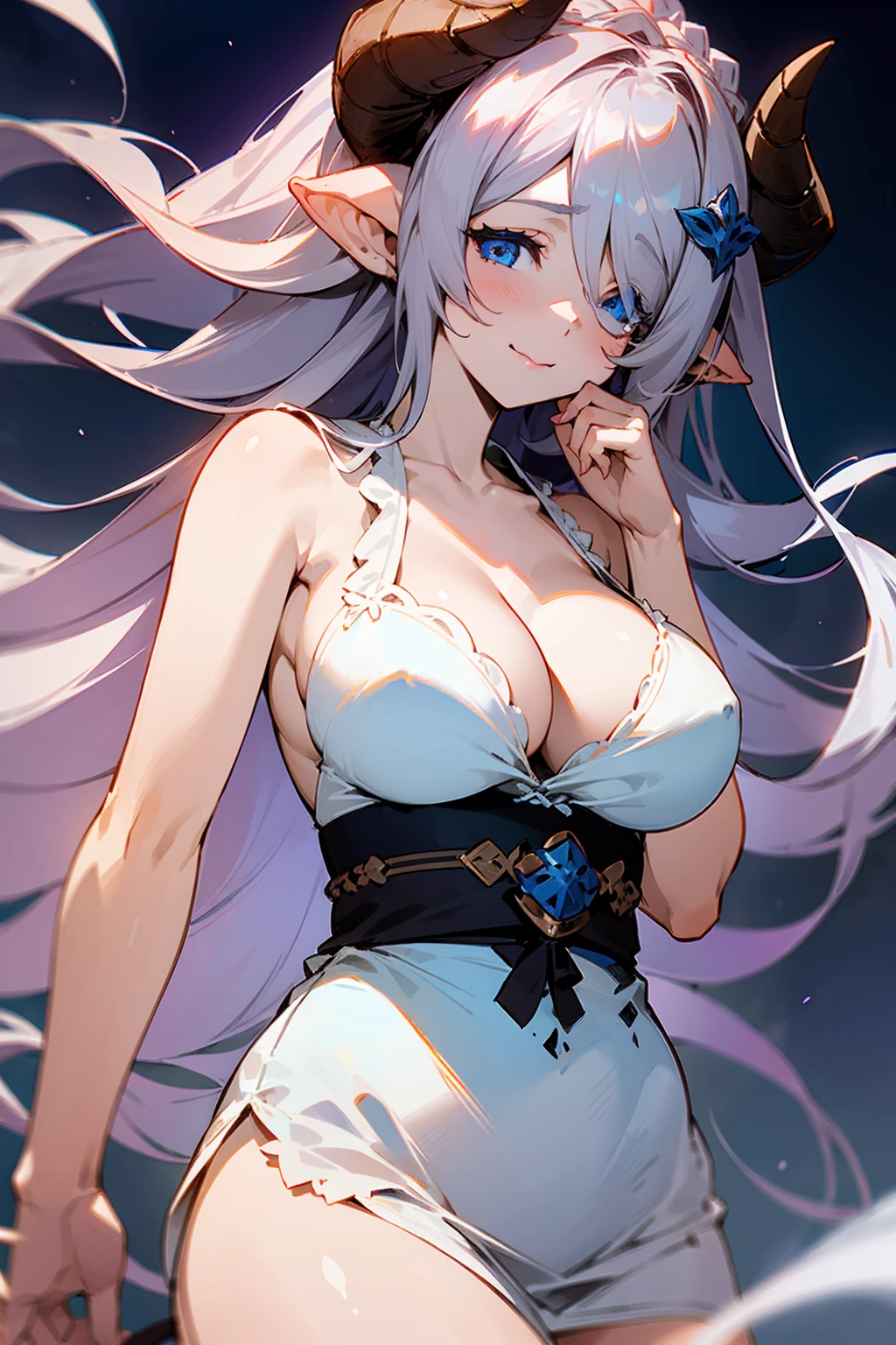 (((1 woman))), ((detailed blue eyes)), ((long silver hair)), large breasts, perfectly drawn body, narmaya, seductive smile, white nightgown, best quality, masterpiece, ultra-detailed