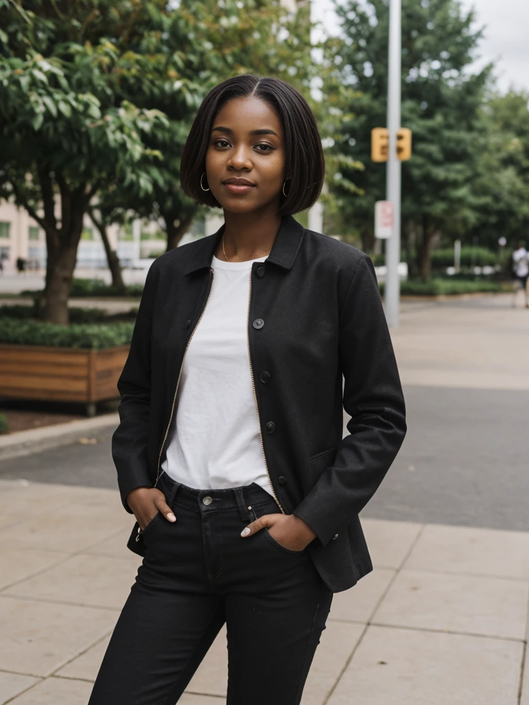 her name is Jamila, high quality, 1girl, ((20-year-old fit black woman)), ((25 years old)), ((slim)), short bob, pose: standing, wearing stylish fashionable Generation-Z modern wear different colored, BACKGROUND: outside: an outdoor museum