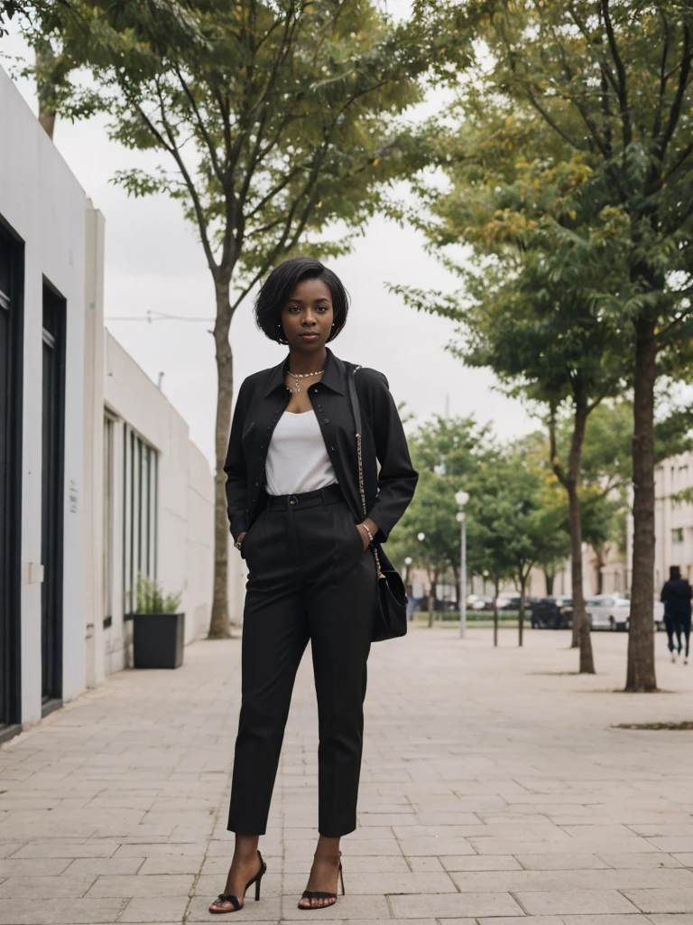 her name is Jamila, high quality, 1girl, ((20-year-old fit black woman)), ((25 years old)), ((slim)), short bob, pose: standing, wearing stylish fashionable Generation-Z modern wear different colored, BACKGROUND: outside: an outdoor museum