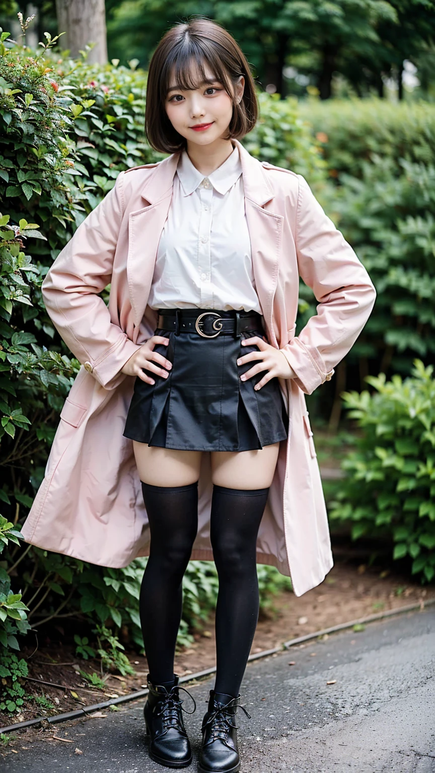 (8K、RAW Photos、Highest quality、masterpiece:1.2)、(Realistic、Realistic)、1 Girl、((Check mini skirt、Pink long coat、black、Thin legs、whole body、boots、one piece、tights、garden、View from the front、smile、Looking into the camera、belt、Stand with hands on hips))、cute