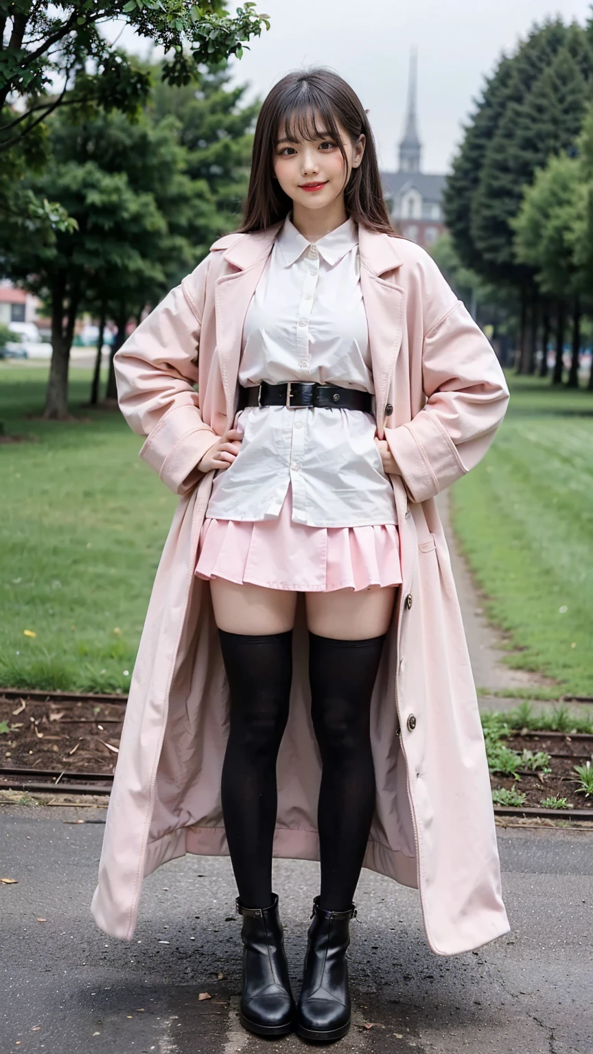 (8K、RAW Photos、Highest quality、masterpiece:1.2)、(Realistic、Realistic)、1 Girl、((Check mini skirt、Pink long coat、black、Thin legs、whole body、boots、one piece、tights、garden、View from the front、smile、Looking into the camera、belt、Stand with hands on hips))、cute