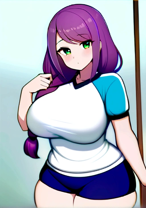 Frist, One girl, alone, Long Hair, chest, View your viewers, blush, bangs, shirt, Green Eyes, white shirt, Purple Hair, Braiding, Short sleeve, Thighs, indoor, huge chest, single Braiding, swept bangs, thick Thighs, Hair that falls over the shoulders, Curvy, Wide Hips, Gym suit, Bloomers, Sportswear, Raglan sleeves, gym shirt, blue Bloomers