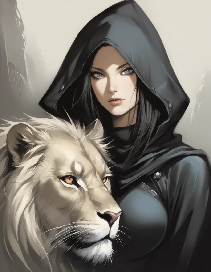 Photorealistic 4D full hj anime digital painting, modern girl Pain Naruto big eye mel brilhantes + alucard Devil fênix negra with the image of a silver Lion in a pleasing mix, taking inspiration from detailed forms of, dressed in an illustrious black dark jaketa Hood Black enhanced by the artistic styling of artists like Jose Royo, Boris Vallejo, Julie Bell, Carne Griffiths, Benedick Bana, Brian Froud, Eric Wallis, combines the mystique of fantasy