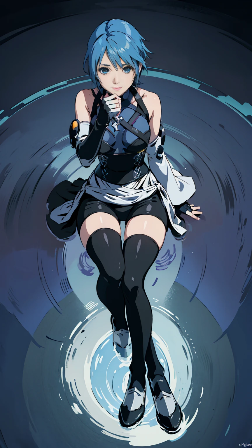 ((Full body photo,standing, feet on the ground)) aaaqua, 1girl, absurdres, masterpiece, blue eyes, blue hair, breasts, chest strap, elbow gloves, gloves, highres, (skirt), (kingdom hearts), looking at viewer, transparent water floor, smile, solo, clear sky, open field, empty background, wide sleeves, medium breasts, detatched sleeves, black shorts , fingerless gloves, light background, (thighhighs), sitting on the floor, view from the above, dymanic view