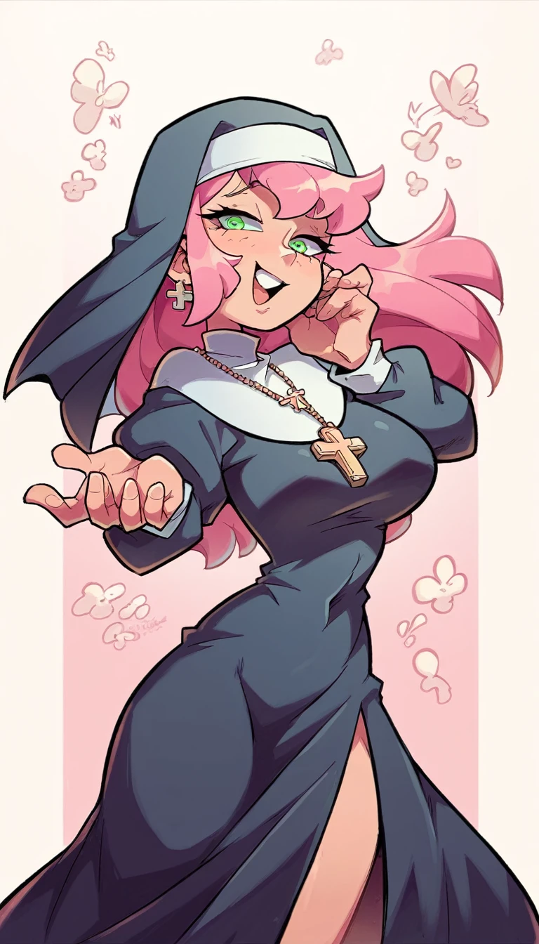 a beautiful intelligent nun girl long wavy pink hair her green eye she dresses nun long dress and a long black skirt she shows she recreates junk device a robotic side people applaud thank her