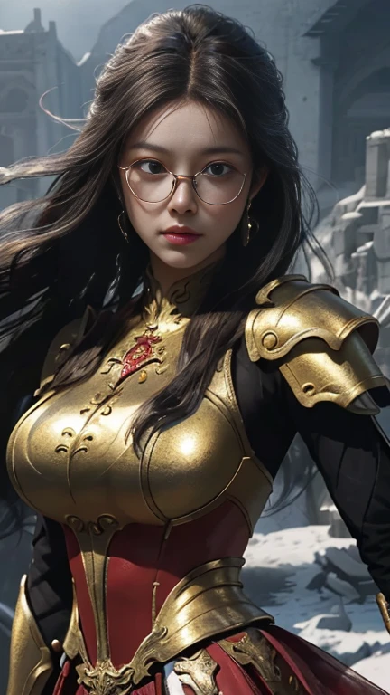 a close up of a woman in a golden and red dress, chengwei pan on artstation, by Yang J, detailed fantasy art, stunning character art, fanart best artstation, epic exquisite character art, beautiful armor, extremely detailed artgerm, detailed digital anime art, artgerm on artstation pixiv, armor girl, glasses, earnings, red latex skirt, big breast