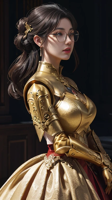 a close up of a woman in a golden and red dress, chengwei pan on artstation, by Yang J, detailed fantasy art, stunning character art, fanart best artstation, epic exquisite character art, beautiful armor, extremely detailed artgerm, detailed digital anime art, artgerm on artstation pixiv, armor girl, glasses, earnings, red latex skirt, big breast