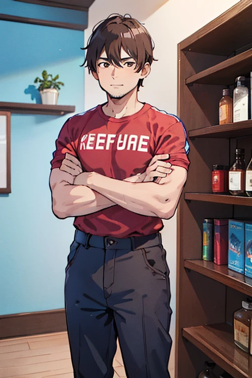 35-year-old asian male with short brown hair and stubble, wearing a red t-shirt, arms crossed, standing in an interior space with blue walls and shelves in the