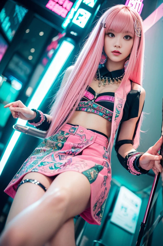 (spread legs, legs up :1.3),(Pink Hair :1.3),masterpiece, Highest quality, Wear unique Harajuku style clothing,The mint green colour stands out,Bold colors and patterns, Eye-catching accessories, Trendy and innovative hairstyles, Bright makeup, Stunning cyberpunk cityscapes, Skyscraper, Neon Signs, LED Light, Bright and vivid color scheme, anime, shape, Fine skin, High quality fabric, Intricate details, Very detailed,Low - Angle, whole body, vision(avert your eyes:1.4),Dynamic pose、Hand holding a sword、With a sword in hand.