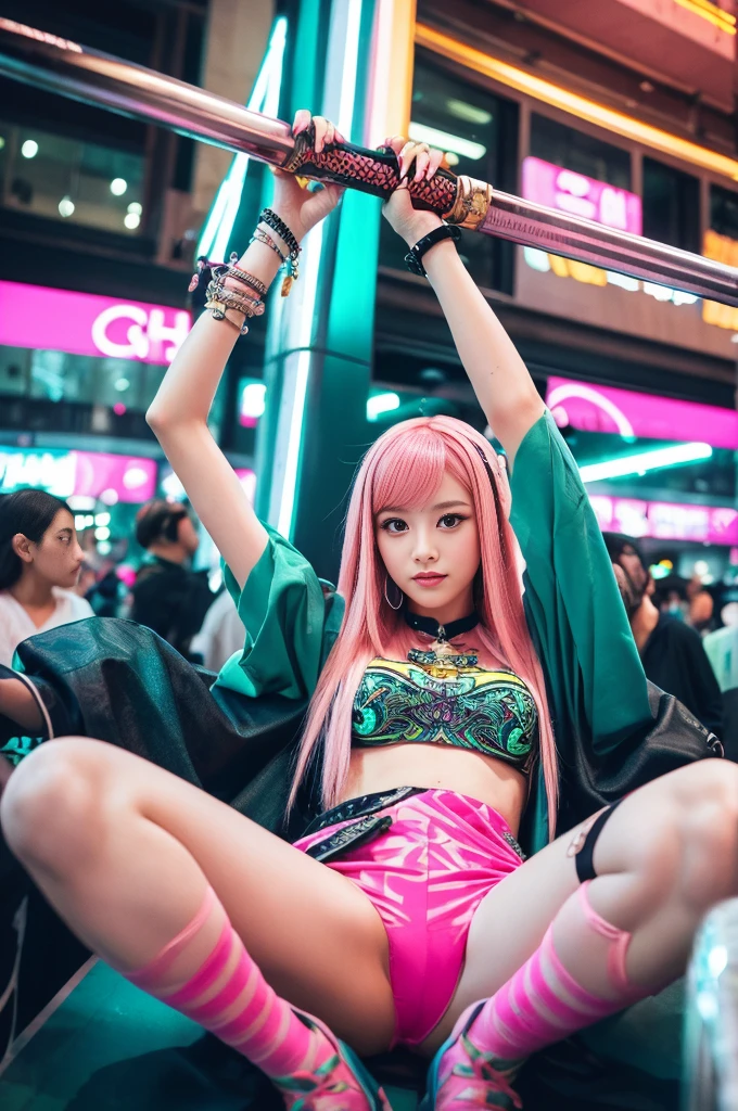 (spread legs, legs up :1.3),(Pink Hair :1.3),masterpiece, Highest quality, Wear unique Harajuku style clothing,The mint green colour stands out,Bold colors and patterns, Eye-catching accessories, Trendy and innovative hairstyles, Bright makeup, Stunning cyberpunk cityscapes, Skyscraper, Neon Signs, LED Light, Bright and vivid color scheme, anime, shape, Fine skin, High quality fabric, Intricate details, Very detailed,Low - Angle, whole body, vision(avert your eyes:1.4),Dynamic pose、Hand holding a sword、With a sword in hand.