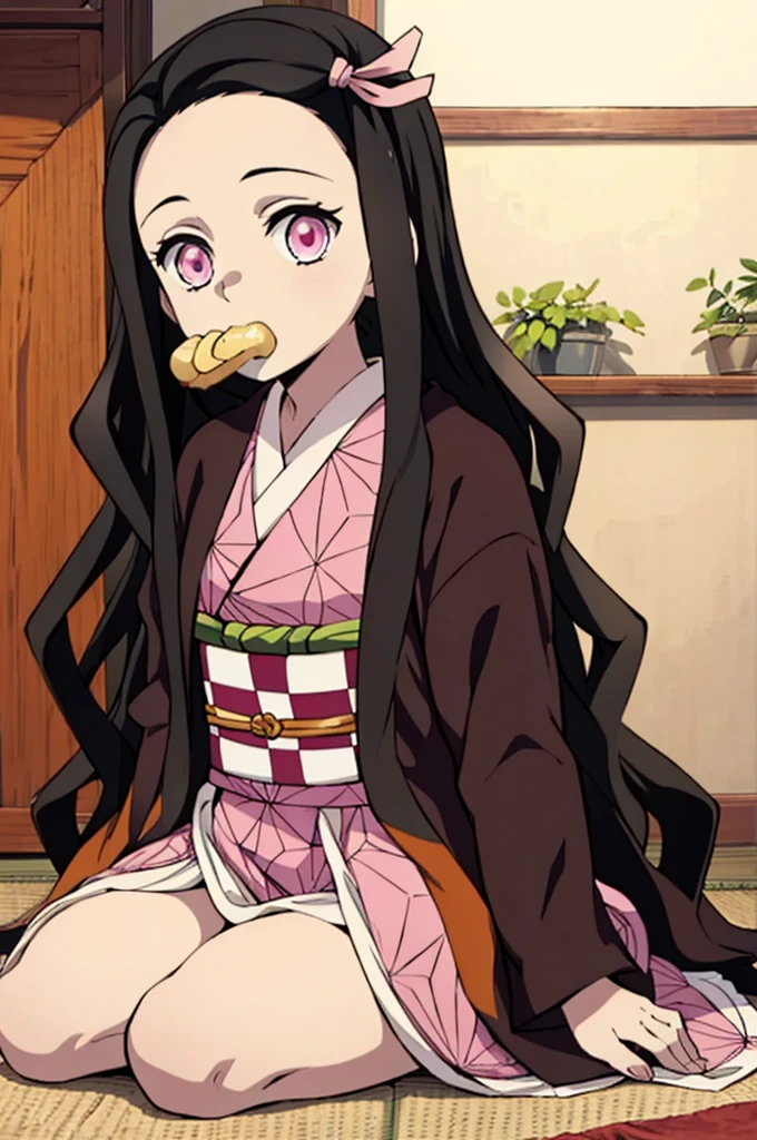 (masterpiece:1.3), (best quality:1.1), (8k, ultra detailed, ultra high res:1.2), ((anime style)), perfect 5 fingers, perfect anatomy, 
1girl,
Kamado Nezuko, 
BREAK long hair, wavy hair,  forehead, 
black hair, 
pink eyes, empty eyes, 
ribbon, 
small breasts,   
BREAK japanese clothes, pink kimono, brown haori, obi, 
BREAK upper body, (eating cream puff:1.1), sitting, wariza,
perfect light, indoor, inside, Japanese-style Room, 