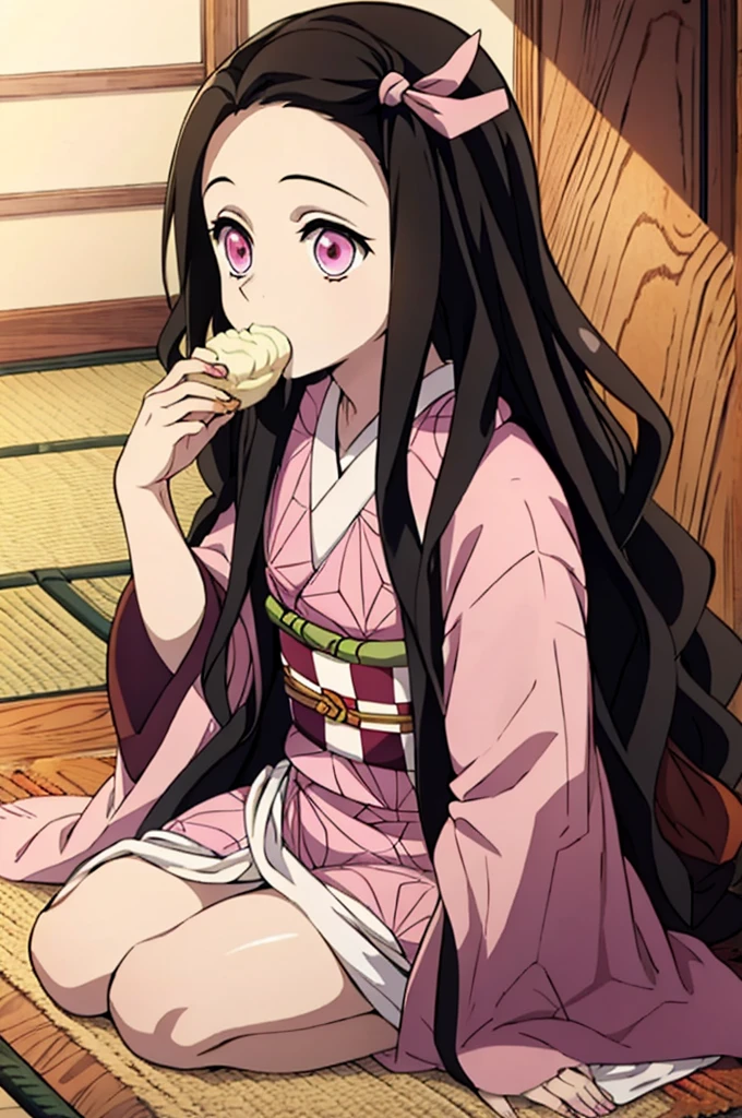 (masterpiece:1.3), (best quality:1.1), (8k, ultra detailed, ultra high res:1.2), ((anime style)), perfect 5 fingers, perfect anatomy, 
1girl,
Kamado Nezuko, 
BREAK long hair, wavy hair,  forehead, 
black hair, 
pink eyes, empty eyes, 
ribbon, 
small breasts,   
BREAK japanese clothes, pink kimono, brown haori, obi, 
BREAK upper body, (eating cream puff:1.1), sitting, wariza,
perfect light, indoor, inside, Japanese-style Room, 