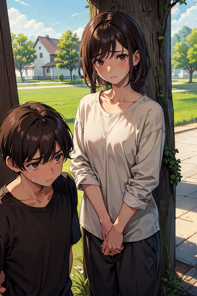 An image of the other neighbor, with a worried expression, short brown hair, wearing plain farming clothes (a loose shirt and pants), standing and crying out, begging to spare the tree and share its bounty, with a distressed and pleading expression. (masterpiece, hd, best quality, 2d)