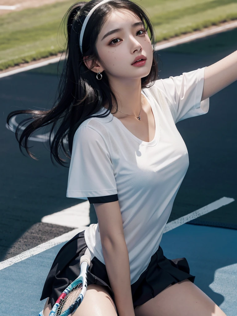 absurdres, RAW photo, extremely delicate and beautiful, masterpiece, Best Quality, ultra high resolution, 32k, hyperrealistic, ultra-detailed, in her 20s, delicate facial features, tearful mole, earring, huge breasts, full body shot, shorter middle hair, black hair, ((tennis uniform)), shirt, shorts,