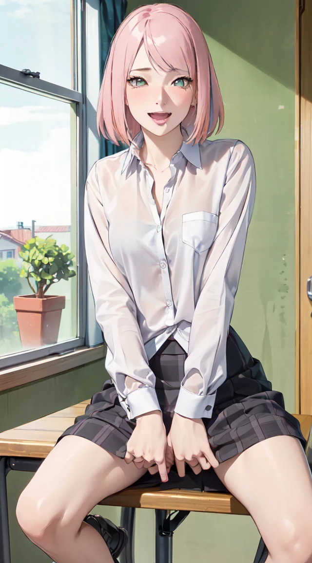 ((table top, highest quality, High resolution, perfect pixel, 4k ))), 1 girl, single, alone, beautiful woman、I could see the whole body、 ((short wavy hair, bangs, pink hair)), ((red eyes, beautiful eyelashes, realistic eyes)), ((detailed face, blush:1.2)), ((smooth texture:0.75, realistic texture:0.65, realistic:1.1, Anime CG style)), medium breasts, dynamic angle, perfect body, ((school uniform, white shirt, black skirt, unbuttoned shirt、plaid skirt、white socks)), classroom without people、sit at desk、..、evening、Very embarrassing panic smile、(lift the skirt with your right hand、open legs、open knees wide)、open legs, pussy visible, pussy line, beauty pussy, prefect pussy, (pink lace bra)、angle from below, masturbation,
(open legs、open knees wide, show your pussy), straddling
pov