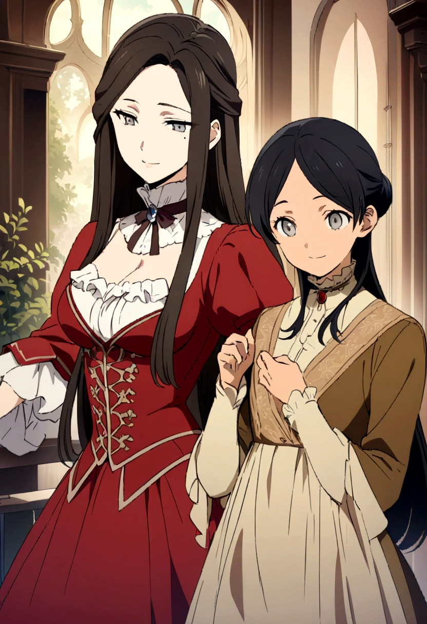Victorian era in Europe, Women, perfect anime illustration, beautiful, happy, elegante y amable Women, light brown skin, sincere eyes, grey eyes, long hair, straight hair, black hair, He does not have bangs or they do not cover his forehead, wears red Victorian clothing, does not show skin, mole on one side of the eye, Best Quality, Masterpiece, without extra people, only her