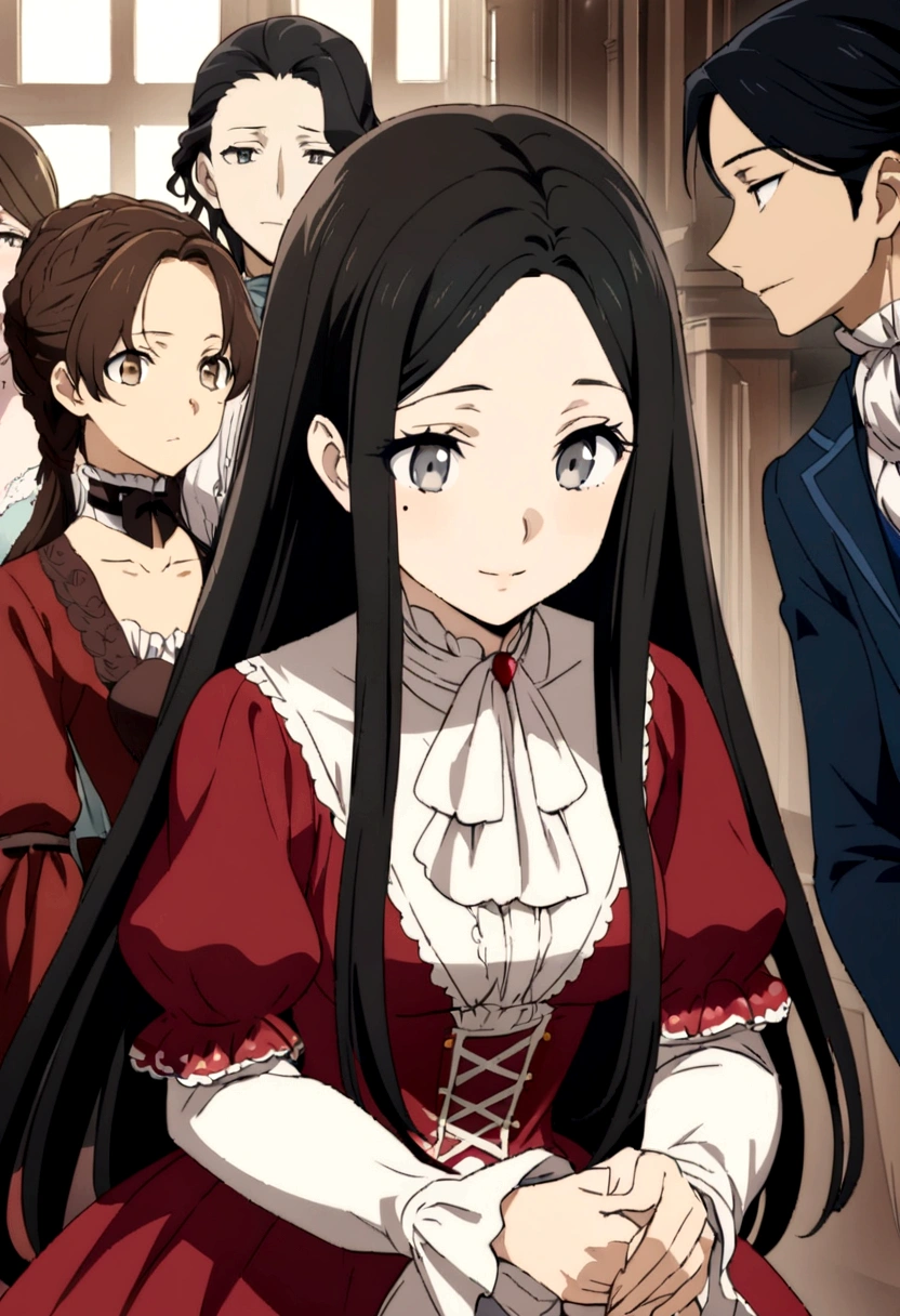 Victorian era in Europe, Women, perfect anime illustration, beautiful, happy, elegante y amable Women, light brown skin, sincere eyes, grey eyes, long hair, straight hair, black hair, He does not have bangs or they do not cover his forehead, wears red Victorian clothing, does not show skin, mole on one side of the eye, Best Quality, Masterpiece, without extra people, only her