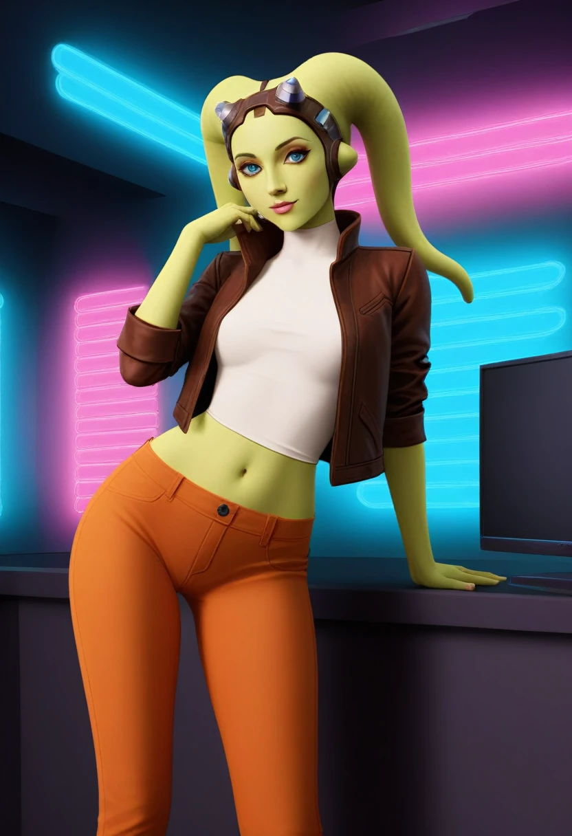 score_9_up, score_8_up, score_7_up, 1girl, solo, mature female, ((Hera)),(( twi’lek race))((green skin color)), long horns, blue eyes, pink lips, parted lips, fit slim body, ((perfect medium erected breast)), (((brown jacket, white tight top, orange  pants))), (((Cyberpunk interior, living room, with neon lights))), perfect model body, wide hips, pumped up ass, bending over the table and showing her ass, from behind