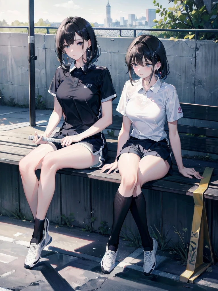 absurdres, RAW photo, extremely delicate and beautiful, masterpiece, Best Quality, ultra high resolution, 32k, hyperrealistic, ultra-detailed, in her 20s, delicate facial features, tearful mole, earring, medium breasts, full body shot, shorter middle hair, black hair, tennis uniform, shirt, shorts,