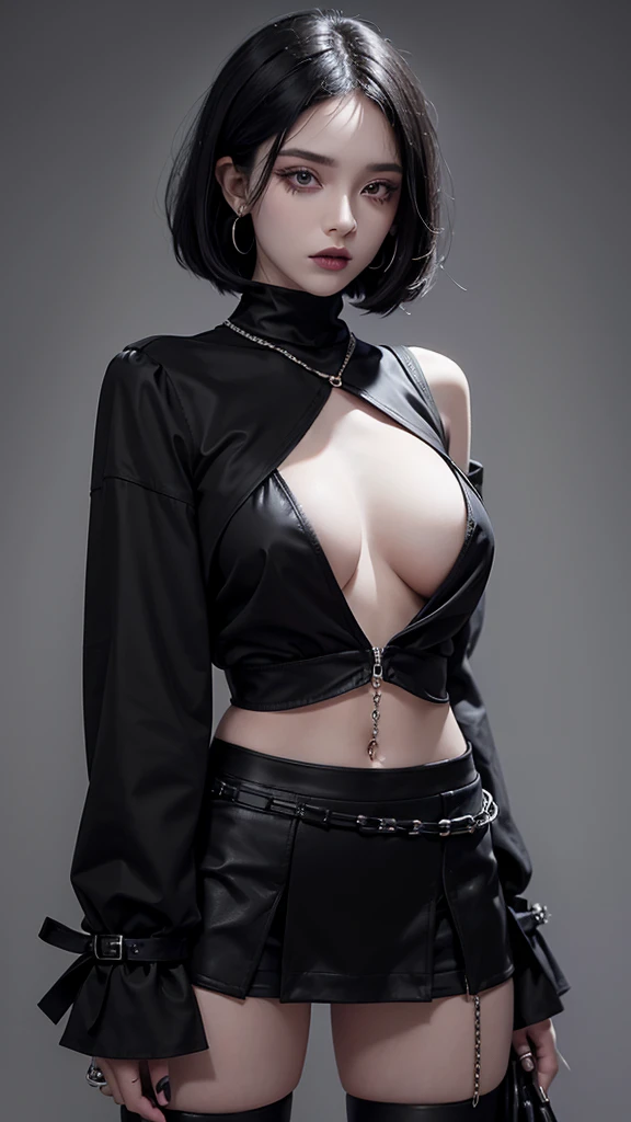 short black hair with a strand of hair covering his right eye a little, piercing in her lip and piercing on the left side of her nose, black lipstick and eyeliner, slightly pale skin, black painted nails, short black long sleeve blouse, Bare torso with navel piercing, skirt with black chains above the middle of her legs, black knee high stockings, high black brooch boots
(High quantity, perfect anatomy, extra detailed)