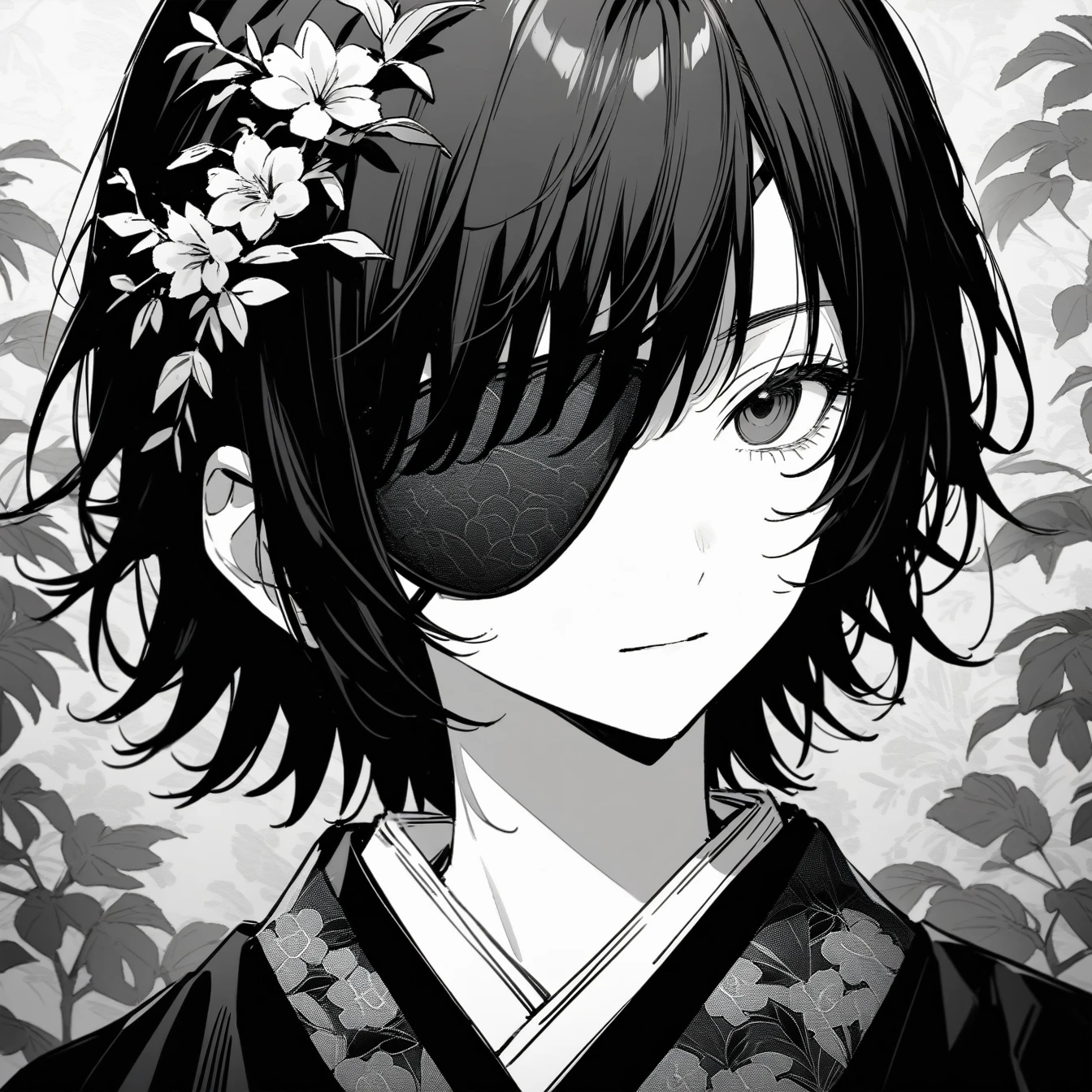 Beautiful anime portrait,Black and gray monochrome，Oriental Wallpaper，Pink，Feeling，Black Hair，The eye patch is very anime style，1girl, himeno \(chainsaw man\), chainsaw man，Flowers，Close-up，Soft Light，Rich in details，The expression is firm，Kimono decoration，Background blur，Vivid colors，情Feeling深沉，front，Black eyes