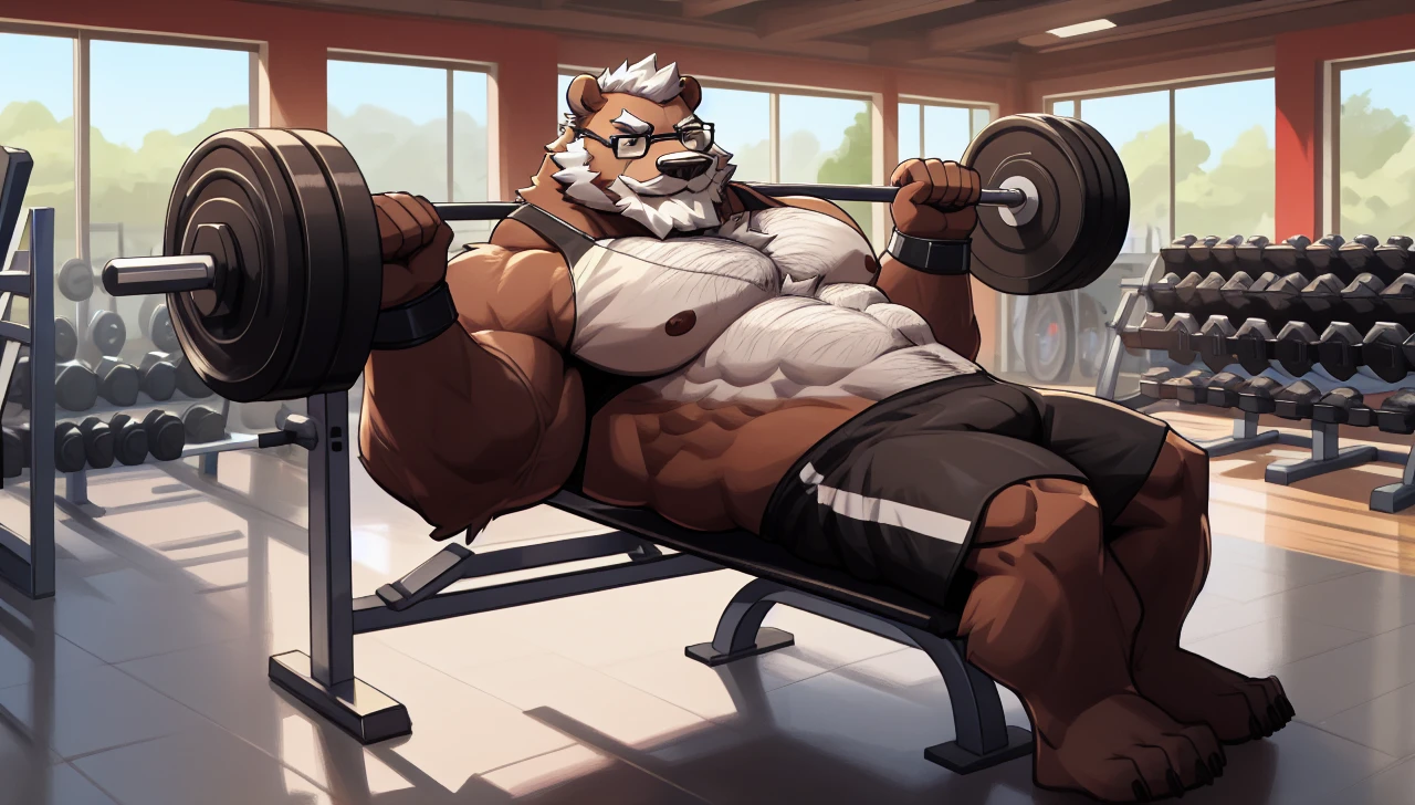 solo, 1boy, Huge Muscular Old Grizzly Bear wearing glasses , pectoral, huge pectoral, wide pectoral, short white hair, short pants, black wristbands and black tank top , bearded, Mustache, simple background, masterpiece, high detailed, 8k, high resolution, at the gym, bench pressing 