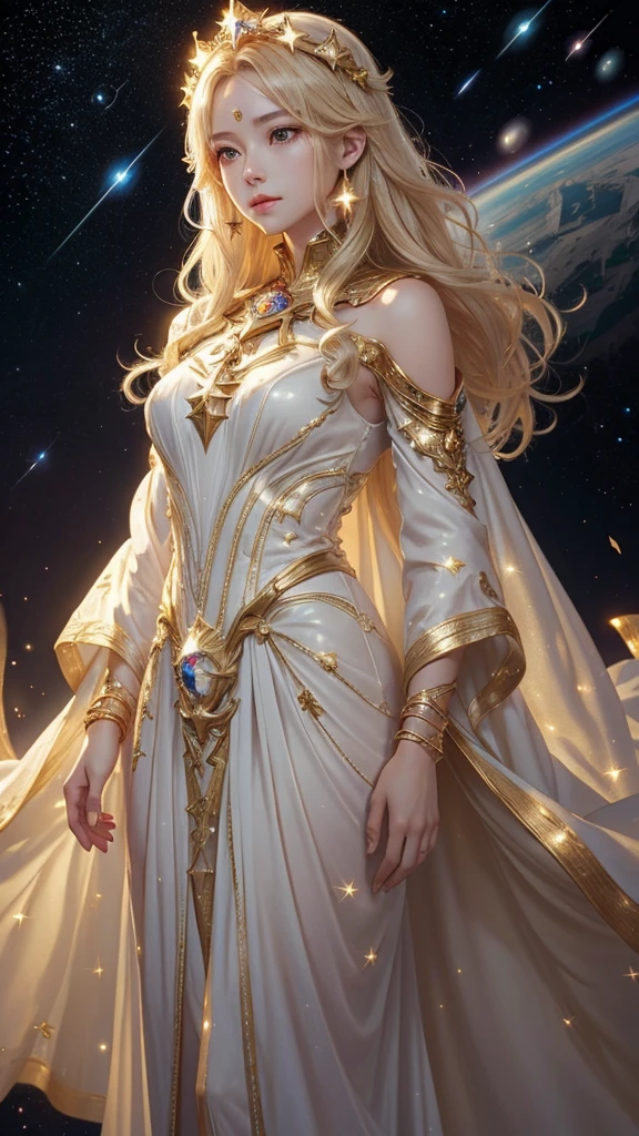 (masterpiece、Highest quality、High resolution、8K、16K)、((Alone in space、Beautiful Goddess、Standing posture、フローティング in the sky like a star))、(whole body)、Golden Cape、White long dress、No sleeve、Gold Bracelet、Blonde Hair、Beautiful brown eyes、Elegant and detailed face、Graceful operation、Raise your right hand、Professional Lighting、The universe is full of light、Countless stars and nebulae、