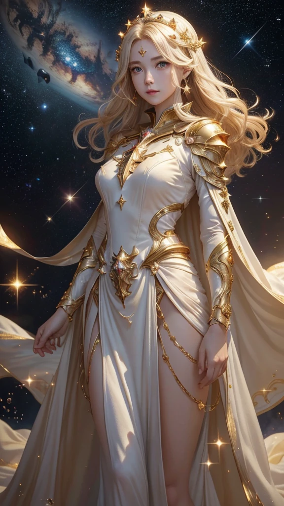 (masterpiece、Highest quality、High resolution、8K、16K)、((Alone in space、Beautiful Goddess、Standing posture、フローティング in the sky like a star))、(whole body)、Golden Cape、White long dress、No sleeve、Gold Bracelet、Blonde Hair、Beautiful brown eyes、Elegant and detailed face、Graceful operation、Raise your right hand、Professional Lighting、The universe is full of light、Countless stars and nebulae、