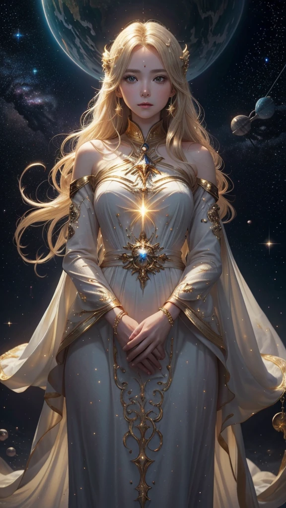 (masterpiece、Highest quality、High resolution、8K、16K)、((Alone in space、Beautiful Goddess、Standing posture、フローティング in the sky like a star))、(whole body)、Golden Cape、White long dress、No sleeve、Gold Bracelet、Blonde Hair、Beautiful brown eyes、Elegant and detailed face、Graceful operation、Raise your right hand、Professional Lighting、The universe is full of light、Countless stars and nebulae、