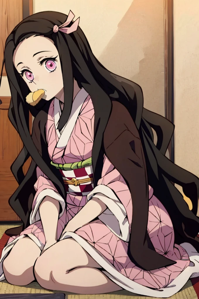 (masterpiece:1.3), (best quality:1.1), (8k, ultra detailed, ultra high res:1.2), ((anime style)), perfect 5 fingers, perfect anatomy, 
1girl,
Kamado Nezuko, 
BREAK long hair, wavy hair,  forehead, 
black hair, 
pink eyes, empty eyes, 
ribbon, 
small breasts,   
BREAK japanese clothes, pink kimono, brown haori, obi, 
BREAK upper body, (eating cream puff:1.1), sitting, wariza,
perfect light, indoor, inside, Japanese-style Room, 