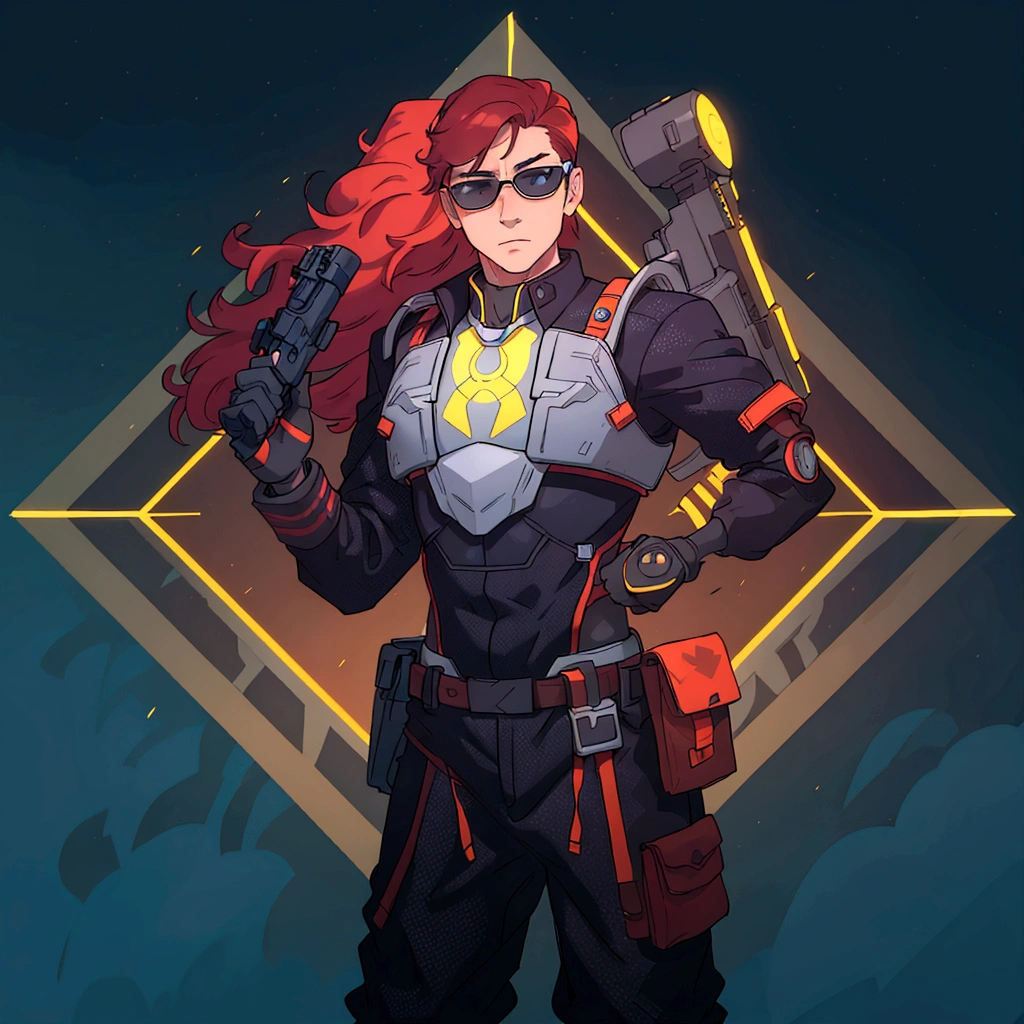At the center of a vibrant piece of digital art, a male character stands confidently with his hands on his hips. He is adorned in an elegant gray and red suit equipped with a helmet and glasses and on his chest bears the letter M, suggesting that he might be prepared for an adventure or battle. His outfit is completed with a pair of sunglasses, adding to his cool demeanor. In his right hand he holds a gun, ready for action. The background contrasts strikingly with its blue and yellow geometric shapes, enhancing the overall futuristic theme of the image.