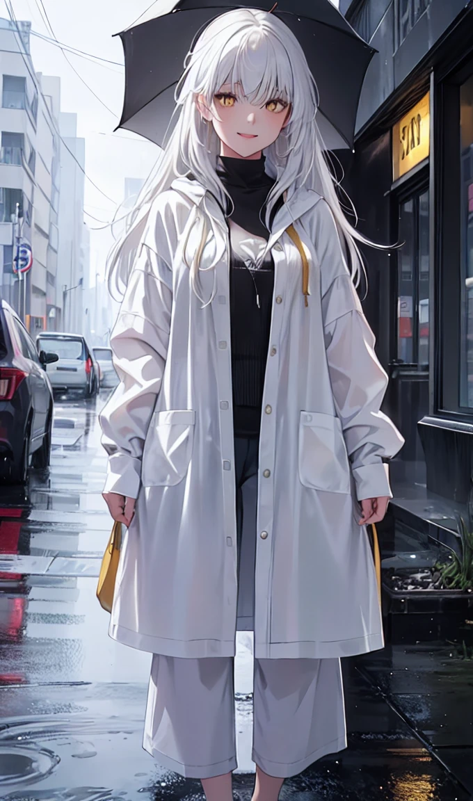1girl, full body, solo,lips, female focus, yellow eyes, looking at viewer, white hair, long hair, closed mouth, smile, casual clothes, rainy day, wet clothes, street on the background
