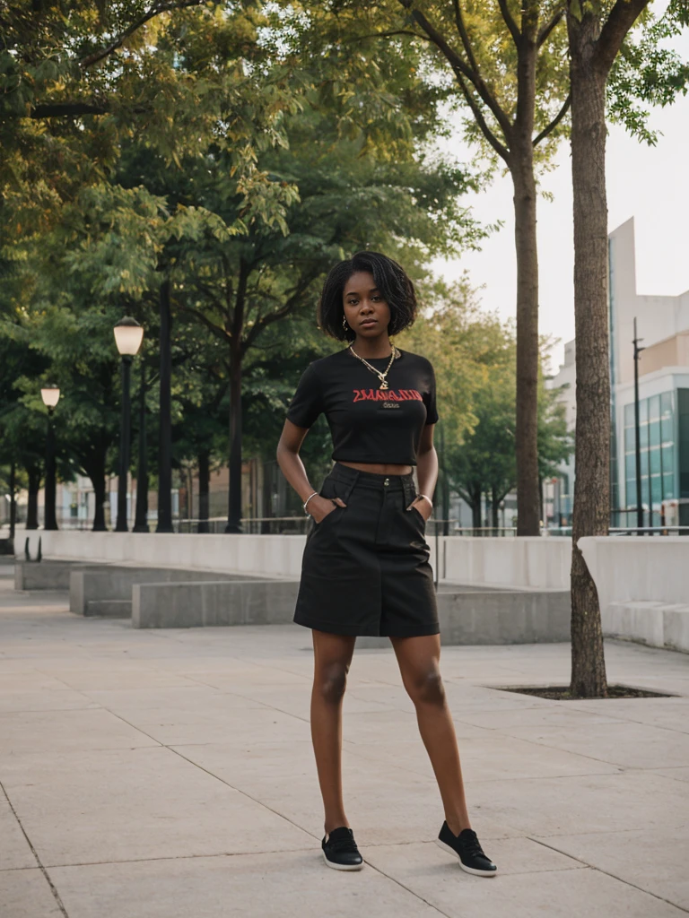 her name is Jamila, high quality, 1girl, ((20-year-old fit black woman)), ((25 years old)), ((slim)), short bob, pose: standing, wearing stylish fashionable Generation-Z modern wear different colored, BACKGROUND: outside: an outdoor museum
