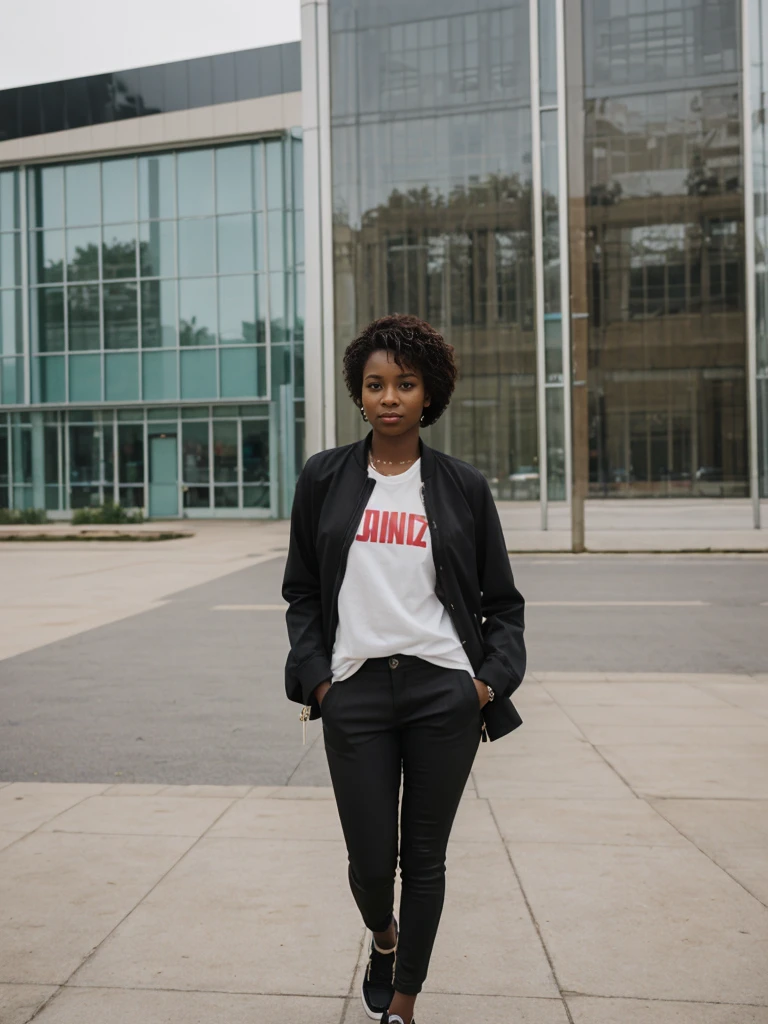 her name is Jamila, high quality, 1girl, ((20-year-old fit black woman)), ((25 years old)), ((slim)), short bob, pose: standing, wearing stylish fashionable Generation-Z modern wear different colored, BACKGROUND: outside: an outdoor museum